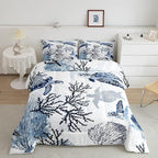 Turtle Comforter Set Full,White Blue Hawaiian Turtle Bedding for Kids,Reptile Tortoise Quilt Duvet Set Coastal Beach Theme Comforter Retro Sea Turtle Bed Set for Boys Girls Bedroom Decor(Marine life)