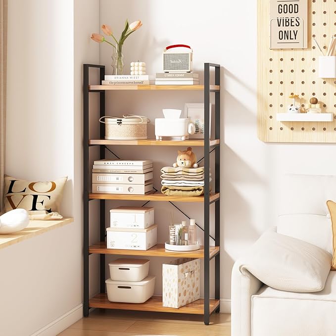 Tall Bookshelf with Large Storage,5 Tier Bookcase in Bedroom,Living Room and Office,Modern Wide Bookcase Shelf for Storing Books/Plants,Brown