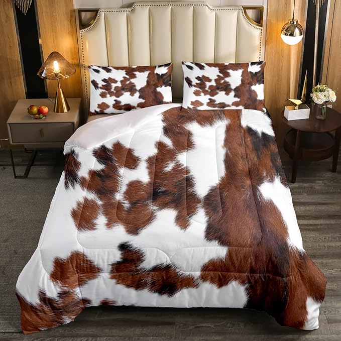 Erosebridal Cowhide Comforter Set for Kids Boys, Cute Brown White Cow Bedding Set King Size, Farm Animal Skin Down Comforter Western Cowboy Country Duvet Sets Farmhouse Decoration