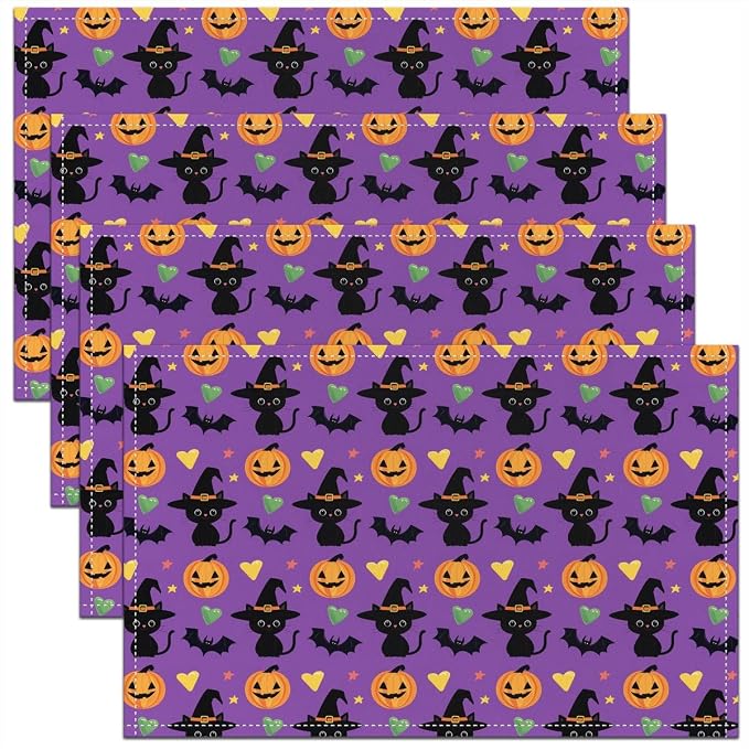 Feelyou Happy Halloween Placemats Set of 4 Cute Ghost Cat Table Mats for Party Kitchen Dining Decoration Holiday Seasonal Purple Orange Black Place Mat for Dinner Table Indoor Outdoor 18"x12" Pumpkin