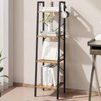 Ladder Shelf, Bookshelf Bookcase, Freestanding Corner Storage Shelve with 2 Hooks for Home Office, Living Room, Kitchen, Bedroom, Industrial, 4-Tier Rustic Brown BC13201B