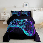 Gamer Comforter Set for Boys Teens Blue and Black Gaming Bedding Set Video Game Bedding Home Decor for Kids Comforter Queen Size 3 Pieces Gamepad Quilted Duvet Set 1 Comforter with 2 Pillowcases
