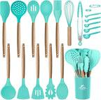 MIBOTE Silicone Cooking Kitchen Utensils Set, Wooden Handle, Teal | BPA-Free, Non-Toxic Silicone Turner, Tongs, Spatula, Spoon Set – Great for Nonstick Cookware, Heat-Resistant, Easy Clean