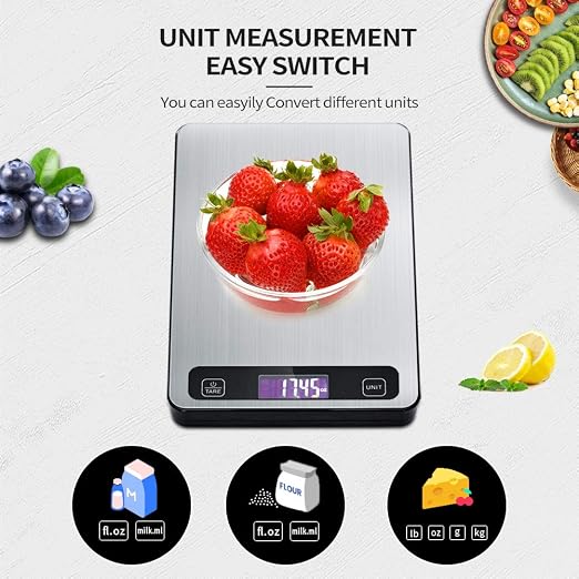 Digital Kitchen Food Scale for Baking,Weight Loss,Grams and Ounces OZ Lb ML,5 Units,1g to 33lb, Stainless Steel with LCD Display,Silver Black (Include AAA Battery)