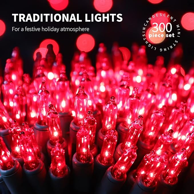 300LIGHTS(2*150L) RED Extra-Bright with End Connectors Christmas Decorative Lights 19.44m UL Certified Mini String Light Set Waterproof for Home Garden Holiday Tree Party Patio Decor Wedding