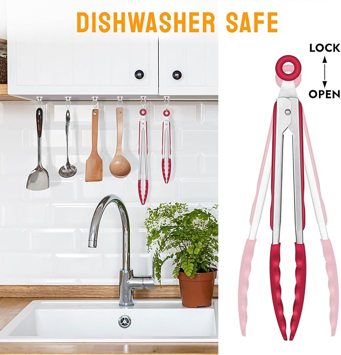 HOTEC Premium Stainless Steel Locking Kitchen Tongs with Silicon Tips, Set of 2-9" and 12"(Red)