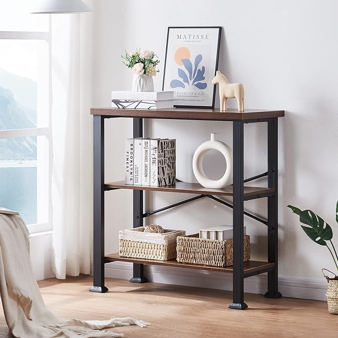 HOMBAZAAR Bookshelf, 3-Tier Vintage Industrial Book Shelf, Rustic Wood and Metal Bookcase and Bookshelves, Free Standing Storage Small Bookshelf for Living Room, Bedroom and Kitchen, Brown