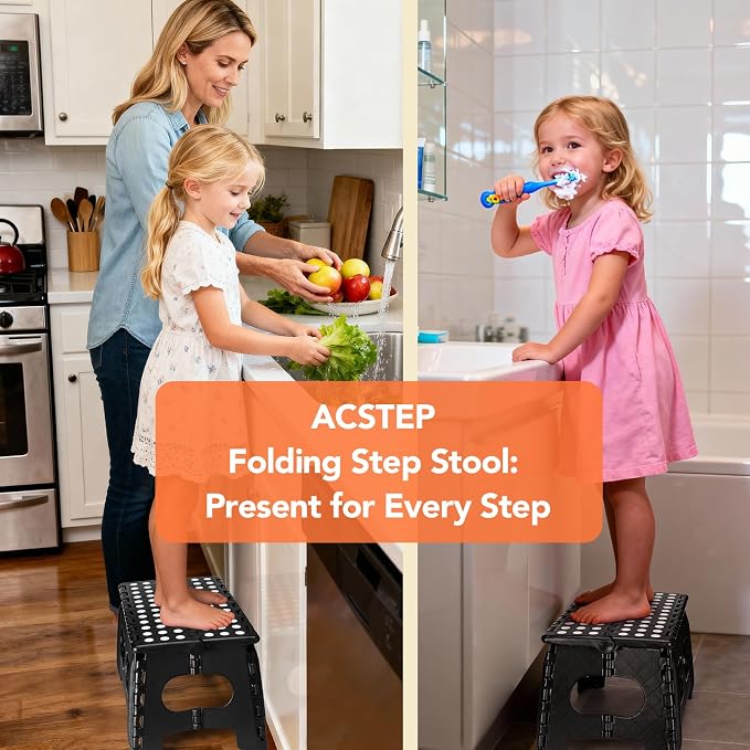 ACSTEP 9 Inch Folding Step Stool, 15 Inch Extra-Wide, 300 lbs, Black | Non-Slip Heavy Duty Foldable Step Stool for Kids and Adults, Extra-Wide for Comfort and Stability, for Bathroom and Kitchen