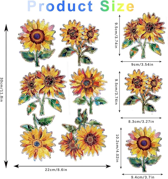 12pcs Window Decals for Bird Strikes, Anti Collision Window Clings, Rainbow Reflection Window Sticker, Sunflower Style Sun Catcher Stickers for Glass Windows
