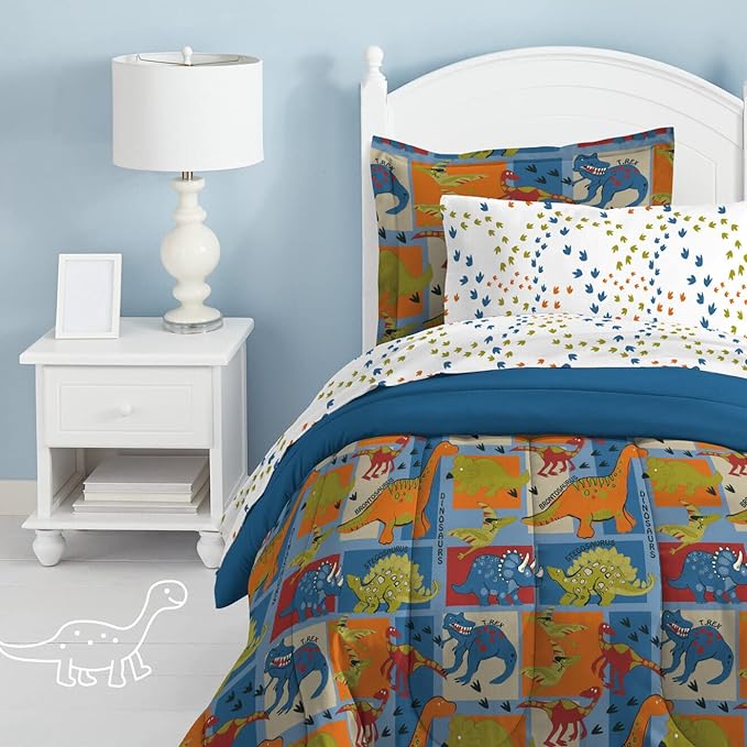 Dream Factory Dinosaur Blocks Ultra Soft Microfiber Boys Comforter Set, Blue, Twin