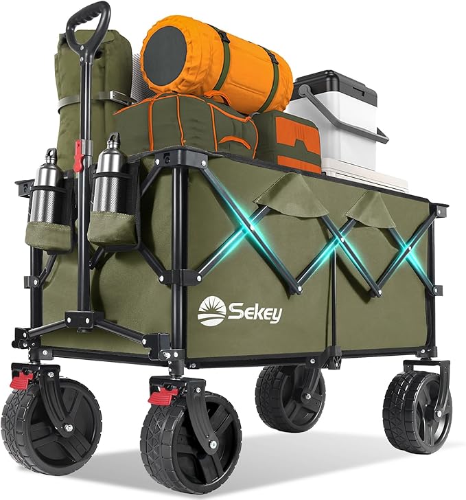 Collapsible Wagon Cart with Big All-Terrain Beach Wheels, Foldable Heavy Duty Wagons with Cup Holders, Utility Carts for Camping, Garden, Outdoor, Grocery, Sports. Khaki