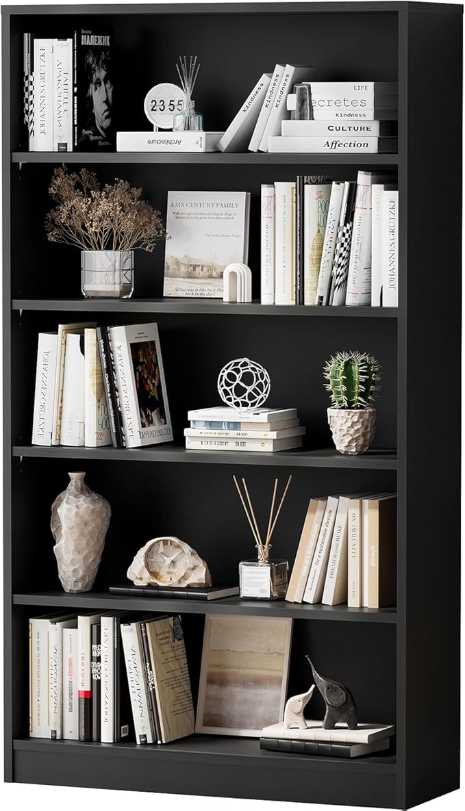 Soohow Black Bookcase,Bookshelf for Bedroom,60 inches Tall Wood Book case Book Shelves,5 Shelf Book Shelves for Living Room Office