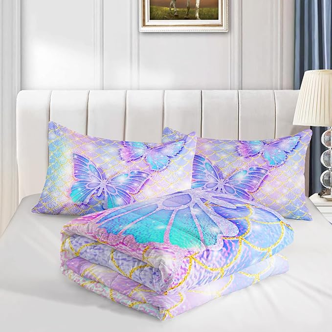 CVHOUSE Butterfly Comforter Set Queen Size,Rainbow Mermaid Butterfliy Bedding Set for Kids Girls,Rainbow Mermaid Butterflies Quilt Set Butterfly Duvet Set Girl's Bedroom Decor 3 Pieces, Eebttaf075
