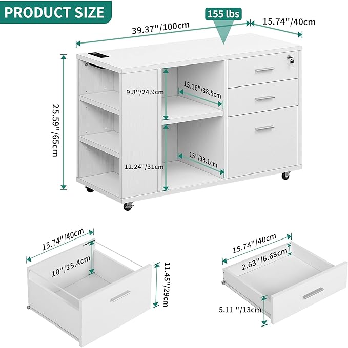 YITAHOME File Cabinet with Charging Station, Mobile Lateral Filing Cabinet with Lock for Home Office, Printer Stand with Open Storage Shelf, Fits A4, Letter, Legal Size Files, Office Furniture, White