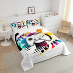 Kids Gaming Comforter Set Twin Gamer Bedding Set, Modern Console Game Controller Duvet Set For Boys Girls Teens, White Gamepad Quilt Set, Tie Dye Colorful Comforter Set Grey White Soft Bedding Set