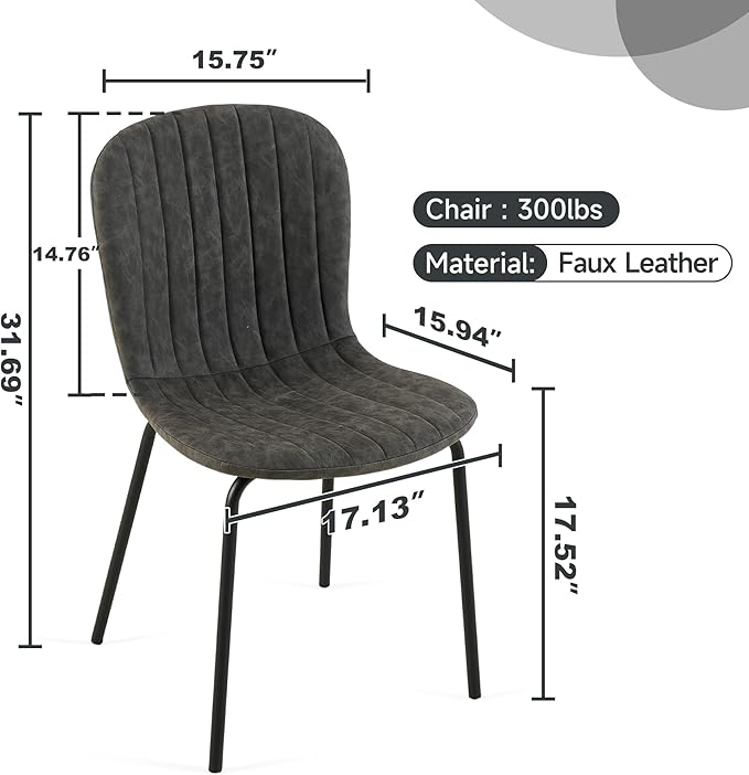 Dining Chair Set of 4, PU Leather Kitchen Chairs, Dark Grey | Black Metal Legs, Curved Backrest, Upholstered, Modern Comfort for Dining Room, Easy Clean, Space-saving, Restaurant & Cafe