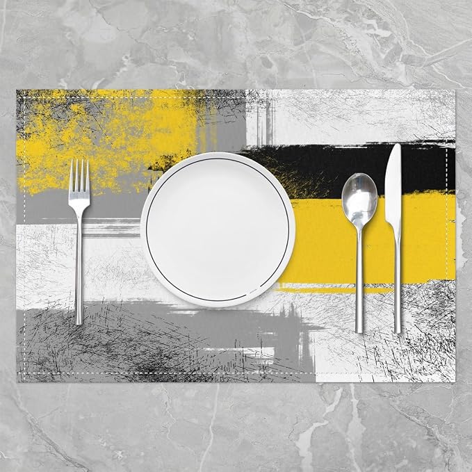 Feelyou Yellow Black Grey White Placemats Set of 4 for Kids Boys Girls Abstract Placemat for Kitchen Dining Table Decor Indoor Outdoor 18"x12" Ombre Modern Table Place Mats, Decor Buffalo Check