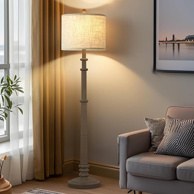 Floor Lamps for Living Room - 60" Resin Farmhouse Floor Lamp with 3 Color Temperatures - Vintage Standing Lamp Reading Light with Linen Shade Retro Tall Lamp for Bedroom Office, Grey