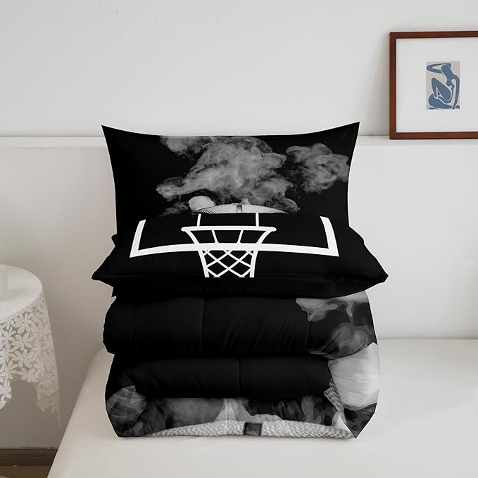 Sports Basketball Full Size Comforter Sets For Boys Teen Kids Basketball Quilt Bedding Set Grey Hippie Smoke Comforter Reversible Black Duvet Insert,1 Comforter + 2 Pillow Case Basketball Room Decor