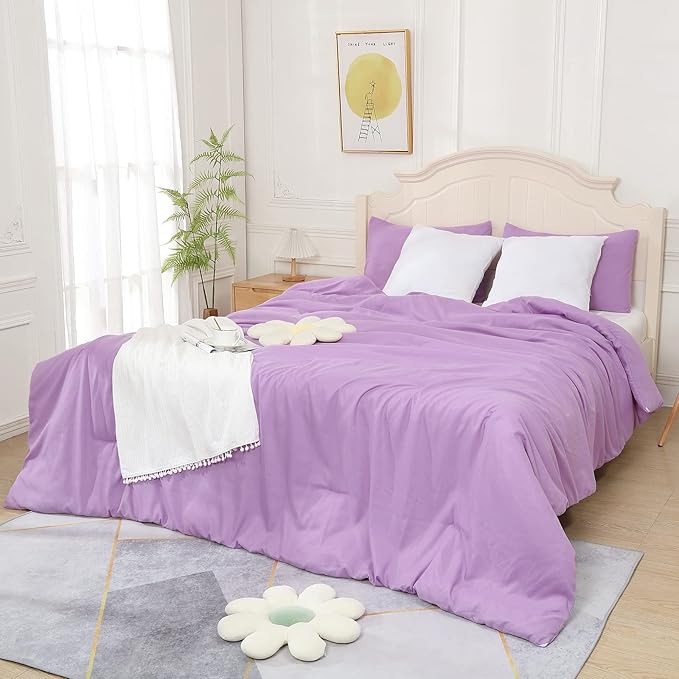 Lavender Purple Comforter for Queen Size Bed, Full Modern Bedding Set for Girls, Soft & Lightweight Chic Microfiber Bed Sets, 3 pcs-1 Comforter & 2 Pillowcases (90"x90")