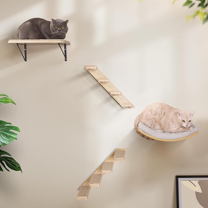 Cat Wall Stairs and Wall Shelves, 4 Piece Wood Cats Furniture Set, Padded Curved Bed with Foam, Flat Shelf & Climbing 4 Steps Stairs for Large Indoor Cats
