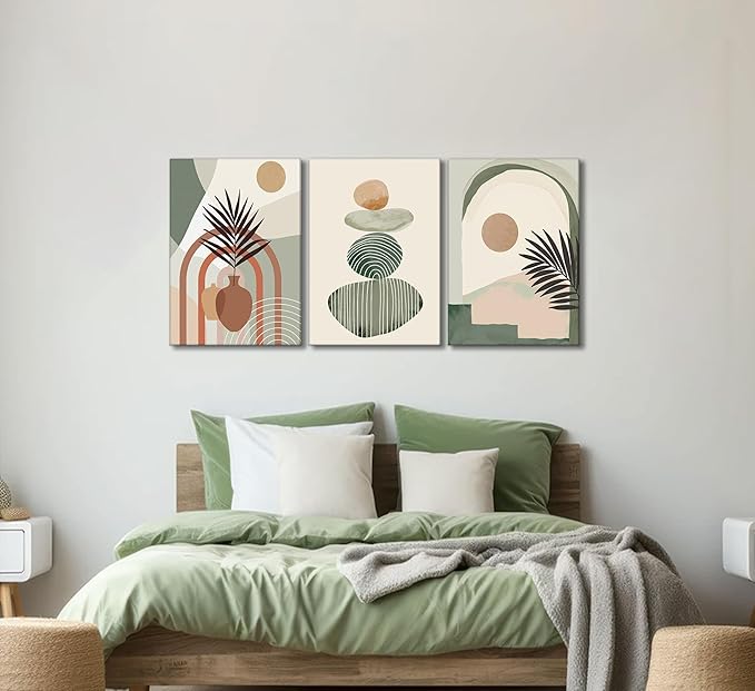 3 Pcs Mid Century Modern Boho Abstract Canvas Wall Art Neutral Green Bohemia Sun and Plant Pictures Wall Decor Posters Print Artwork for Living Room Bedroom Bathroom Office Home Decoration