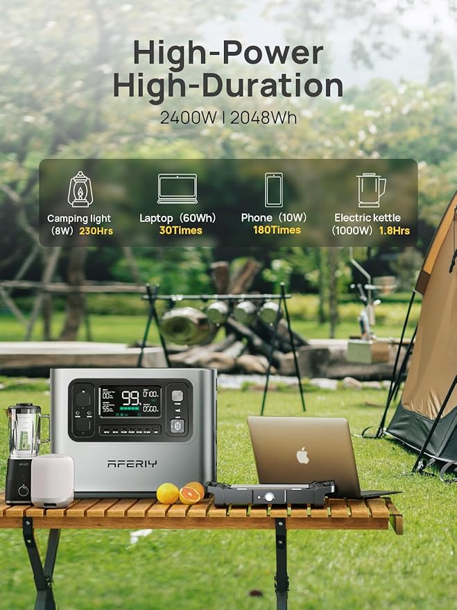 AFERIY P210 Portable Power Station 2400W (4800W Peak),2048Wh LiFePO4 Battery Generator with 1100W AC Charging & 500W Solar Charging,for Home Backup,Outdoor Camping, RVs, Emergencies, Power Outages