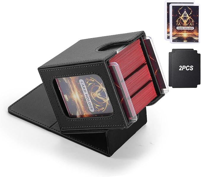 MTG Deck Box, Double Display Window MTG, Commander Deck Box Fits 120+ Single Sleeved Cards, PU Leather Magnetic Closure Card Box with 2 Dividers&2 Toploaders for TCG, CCG, Black