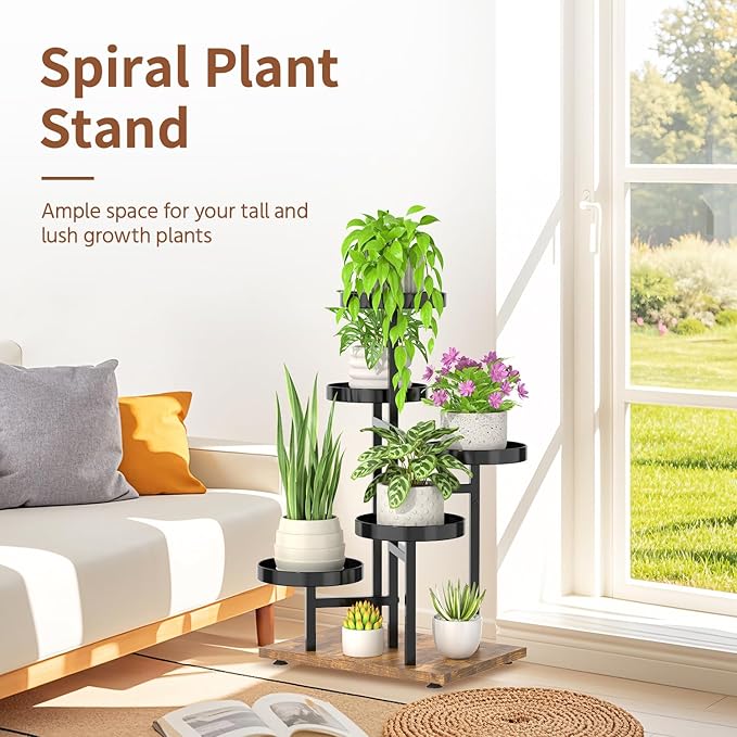 LASZOLA 6 Tier Black Plant Stand Indoor for Large Tall Heavy Duty Planter, Modern Mid Century Metal and Wooden Rack for Narrow House Bathroom Corner Floor, Vertical Spiral Orchid Organizer, Cat Proof