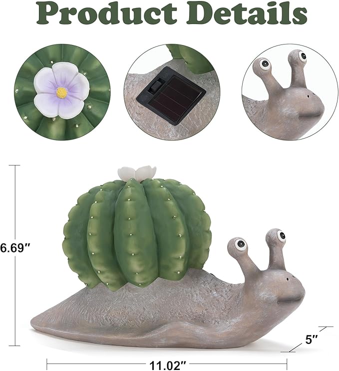 Solar Cactus Snail Statue Garden Decor Light - Outdoor Decorative LED Flower, Suitable for Patio, Lawnand Garden Decorations, Gifts for Mom