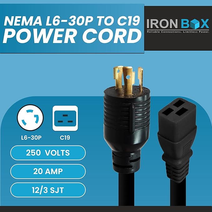 IronBox Electric NEMA L6-30P to C19 Power Cord - 20Amp, 250V, 12/3 SJT - UL Listed Heavy Duty Power Extension Cable for Generator, Data Centers, Outdoor Use, High-Powered Applications & More (12 ft)