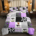 Erosebridal Cute Cow Print Comforter Set Queen Size Kawaii Highland Cow Bedding Set Bedroom Decor Honeycomb Plaid Pattern Geometric Stripes Down Comforter Farm Animals Duvet Set, Purple Black Grey
