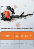 HTK 63CC Gas Backpack Leaf Blower - 2-Stroke Engine, High-Velocity 665CFM, Ergonomic & Low-Vibration, Cruise Control, Ideal for Year-Round Yard Maintenance (63CC Backpack Blower)