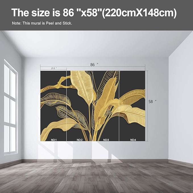 Gold Banana Leaf Wall murals Peel and Stick Wallpaper for Bedroom Living Room - 58"x86"