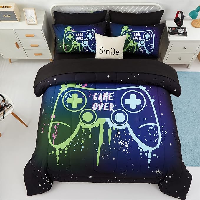 KAKKI Kids Gaming Bedding Sets Queen Size for Boys Teen, 5 Piece Bed in a Bag Gamer Comforter Set with Sheets, 3D Colorful Game Controller Comforter, All Season Soft Microfiber Bed Set(Blue,Queen)