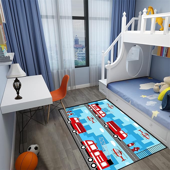 Car Rug Play Mat Car Rug Play Mat Car Rug for Boys Room Fire Fighting Truck Red Car Printed Rug Play Rug for Cars and Trucks Play Rugs for Kids Rooms,Light Blue 2'5''×4'