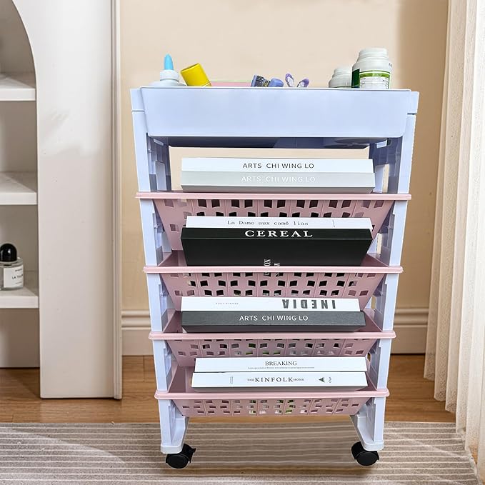 5 Tier Rolling Utility Book Cart, Movable Bookshelf Organizer with Wheels, Storage Book Shelves, Book Rack for Study in Classroom School Office, White-Pink