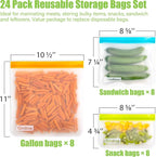Qinline Reusable Food Storage Bags - 24 Pack Freezer Extra Thick Leakproof Lunch Bag - 8 Gallon 8 Sandwich 8 Snack Bags