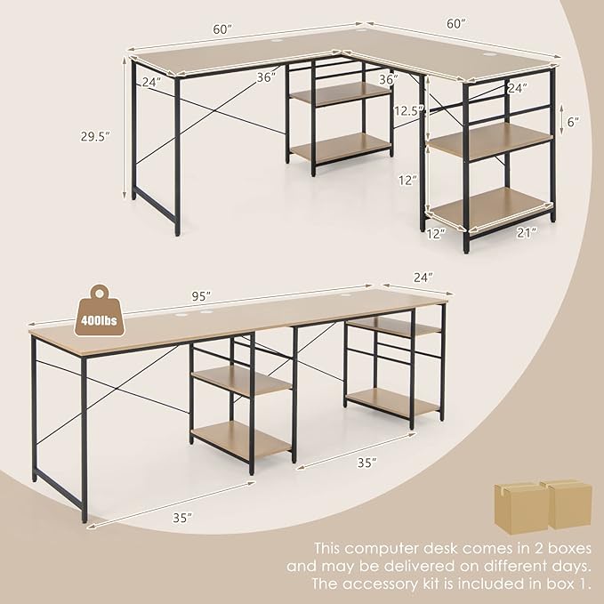 L-Shaped Home Office Desk, Corner Computer Desk w/Monitor Stand, Reversible PC Desk w/Heavy-Duty Metal Frame, Long Office Desk for 2 Person, Space-Saving Design (Natural)