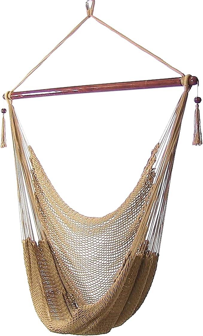Sunnydaze Outdoor Hammock Chair Swing - Hanging Hammock Swing - Hanging Reading Chair - Soft-Spun Polyester Rope - Caribbean XL - Tan