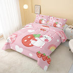 Strawberry Rabbit Comforter Set for Kids Teens Girls Women,Pink Bunny Kids Comforter,1 Comforter with 2 Pillowcase, Microfiber 3 Piece Bedding Set,for All Seasons(Pink，Twin Size)