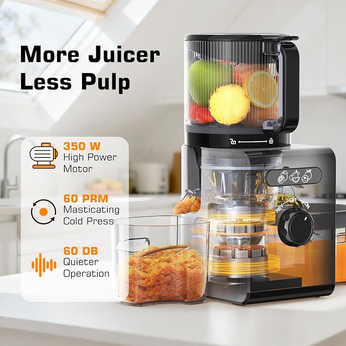 Cold Press Juicer Machines with 6.5" Large Feed Chute, Juicer for Whole Vegetables & Fruits, High Juice Yield (Black)