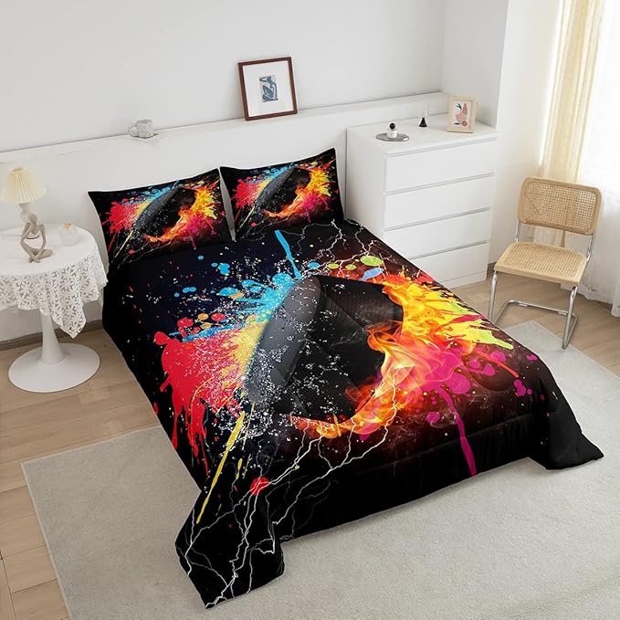 Erosebridal Hockey Bedding Set for Teen Boys Kids Winter Sports Full Comforter Set Grunge Hippie Tie Dye Ball Bed Comforter Sets Red Blue Fire and Water Lightning Quilt Duvet Insert 2 Pillow Cases