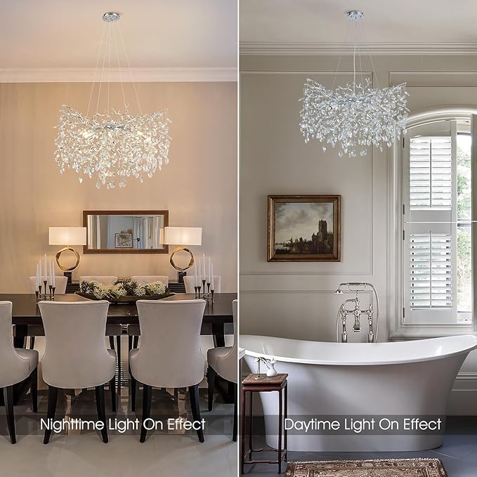 Modern Round Crystal Chandeliers, 30" Crystal Chandeliers for Dining Room,Silver Tree Branches Chandelier, for Living Room,High Ceiling,Foyer,Entryway,Kitchen Island
