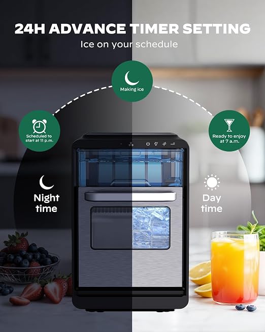 Silonn Crescent Ice Maker Countertop, Slow Melting & Crystal-Clear Ice, Self-Cleaning Ice Machine with Adjustable Ice Thickness & Timer Function, 16 Pcs in 15 Mins, 2000 Pcs per Day