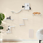 Meecal 6-in-1 Cat Wall Shelves, Wall Mounted Cat Furniture Set, Cat Shelves for Wall with Scratching Posts, Cat Bed & Bridge, Space Saving Cat Climbing Perch for Kittens, White