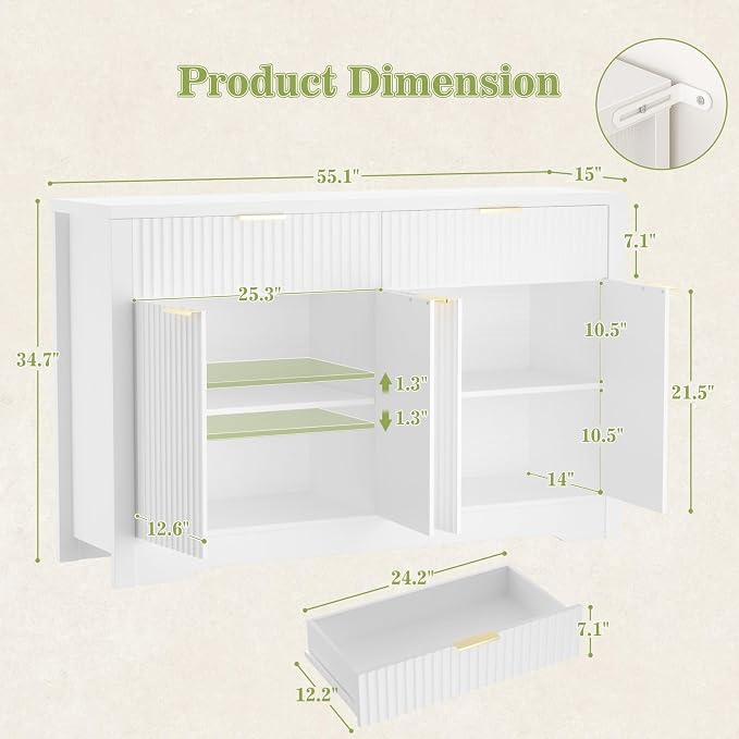 Cyclysio 55" Fluted Sideboard Buffet Cabinet with Drawers, White | Modern Accent Storage Console Table & Coffee Bar Station with Adjustable Storage Shelves for Dining Room, Kitchen, Entryway