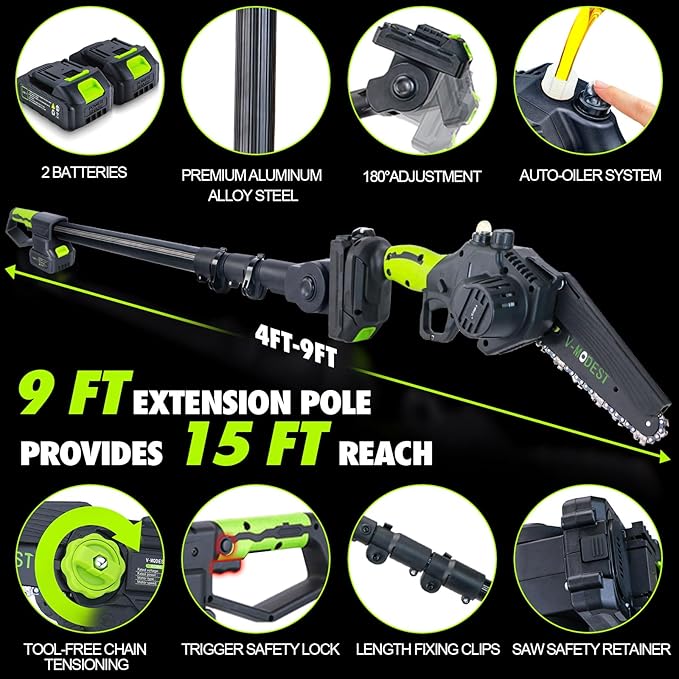 2-in-1 Cordless Pole Saw, 6 Inch Brushless Pole Chainsaws Mini Handheld Chainsaw with 2× 21V Batteries, 6.5lb Lightweight, Auto Oiling, 15 FT MAX Extension Pole Saws for Tree Trimming