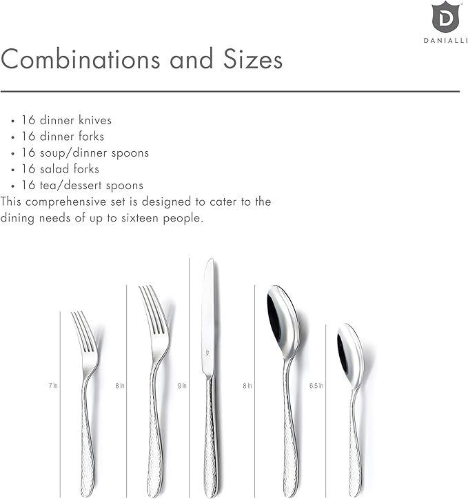 Hammered Silverware Set | Premium 18/10 Stainless Steel Flatware Service for 16 | Heavy-Duty & Dishwasher Safe | Built to Last (80-Piece, Fidenza Hammered)