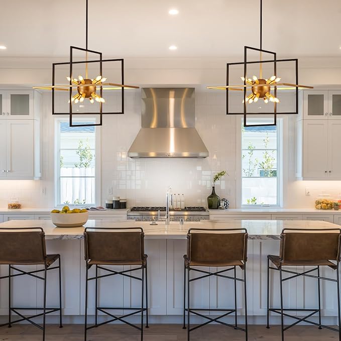 31.5'' Large Modern Lantern Chandeliers, 12-Light Black Gold Geometric Pendant Light Fixture, Industrial Hanging Chandelier for Entryway Foyer Hallway Dining Room, Kitchen Island
